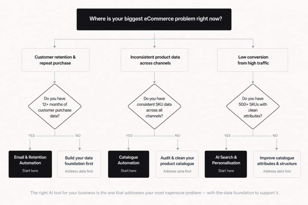 Decision flowchart helping SA eCommerce brands identify the right AI tool category to start with based on their specific operational problem and data readiness