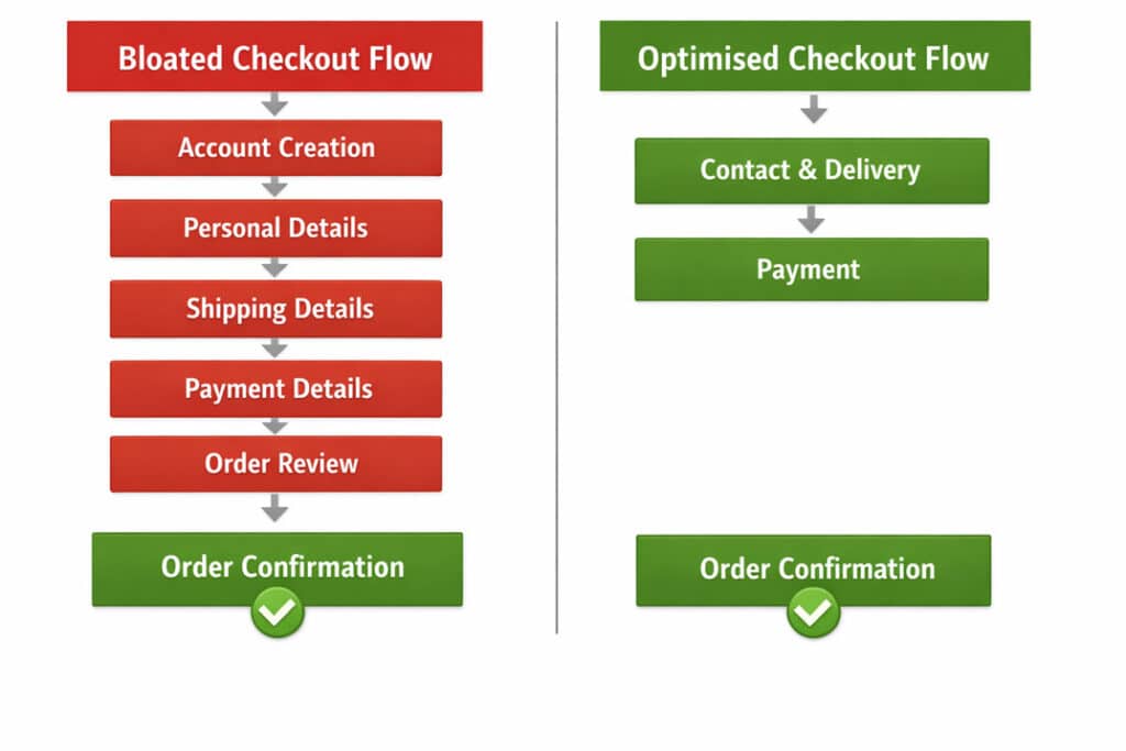 Comparison diagram showing bloated 5-step checkout vs streamlined 2-step ecommerce checkout flow